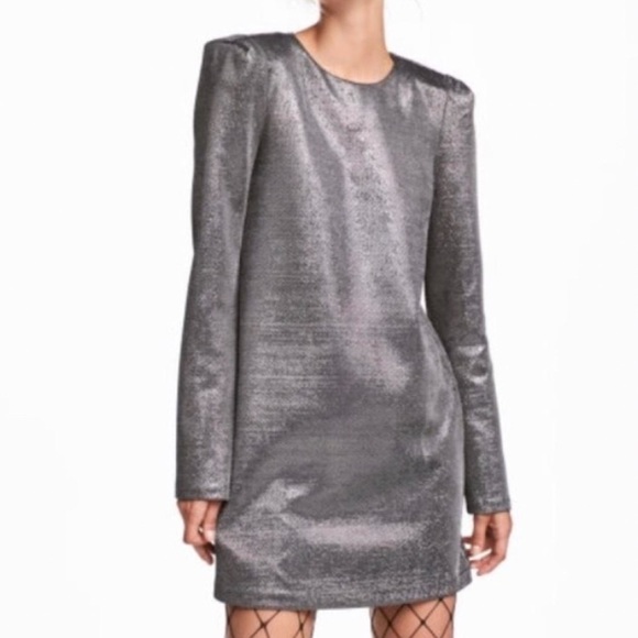 H&M Metal Effect Long Sleeve Mini Dress with Shoulder Pads - Picture 6 of 6